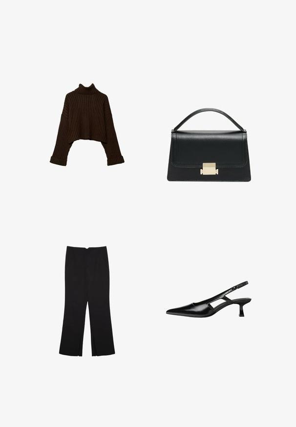 Brauner, kurz geschnittener, gerippter Rollkragenpullover mit langen Ärmeln und strukturiertem Strickdesign. Verfügt über breite Bündchen und einen körpernahen Kragen.; Schwarzes Top mit dünnen verstellbaren Trägern, das eine drapierte Vorderseite und eine geraffte Seitenpartie aufweist, aus leichtem Stoff gefertigt.; Schwarze Hose mit geradem Schnitt, ausgestattet mit Fronttaschen und Seitenschlitzen am Saum. Hergestellt aus weichem, glattem Stoff. Geeignet für verschiedene Anlässe.; Schwarze Lackleder-Slingback-High Heels mit spitzer Zehenform, ausgeschnittenem Seitendesign und kleinem Blockabsatz. Glatte Textur mit minimalen Akzenten.; Schwarze Lederhandtasche mit strukturiertem Design, oberem Griff und einem goldenen Metallschnappverschluss auf der Vorderseite. Glatte Textur, minimale Nähte.