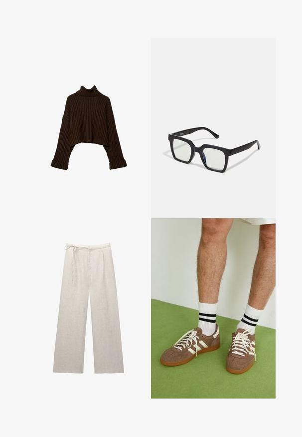 Brauner, kurz geschnittener, gerippter Rollkragenpullover mit langen Ärmeln und strukturiertem Strickdesign. Verfügt über breite Bündchen und einen körpernahen Kragen.; Schwarzes Top mit dünnen verstellbaren Trägern, das eine drapierte Vorderseite und eine geraffte Seitenpartie aufweist, aus leichtem Stoff gefertigt.; Helle beige Leinen-Hosen mit weitem Bein, hoher Taille, Falten und verstellbarem Kordelzug. Die glatte Textur und die klaren Linien heben das Design hervor.; Braune Wildleder-Sneaker mit weißen Akzenten und Schnürsenkeln. Gummisohle in Kautschuk-Optik. Getragen mit weißen Socken, die schwarze Streifen haben. Grüner strukturierter Fußboden.; Schwarze quadratische Sonnenbrillen mit matter Oberfläche, die über transparente Gläser und einen leichten blauen Farbton auf einer Seite verfügen. Robustes, kantiges Design.