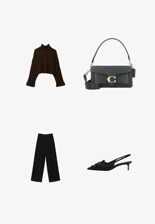 Brauner, kurz geschnittener, gerippter Rollkragenpullover mit langen Ärmeln und strukturiertem Strickdesign. Verfügt über breite Bündchen und einen körpernahen Kragen.; Schwarzes Top mit dünnen verstellbaren Trägern, das eine drapierte Vorderseite und eine geraffte Seitenpartie aufweist, aus leichtem Stoff gefertigt.; Schwarze, weit geschnittene Hose mit hoher Taille, ausgestattet mit einem Gürtel in der Taille und Falten für Struktur. Hergestellt aus einem glatten, leichten Stoff.; Schwarze Slingback-Absätze mit spitzem Zehenbereich, Schleifendetail auf dem Rist, strukturiertem Stoff und einem schmalen, glanzvollen 3-Zoll-Absatz.; Schwarze Lederhandtasche mit goldenen Hardware-Akzenten, ausgestattet mit einem charakteristischen Verschluss, einem abnehmbaren Schultergurt und einer strukturierten Oberfläche.