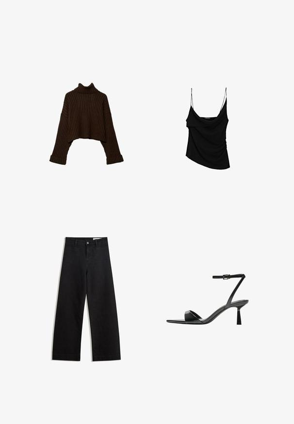 Pull en brown, cropped, à col roulé en maille côtelée avec manches longues et un design en tricot texturé. Il possède des poignets larges et un col ajusté.; Camisole noire avec de fines bretelles réglables, présentant un devant drapé et un détail froncé sur le côté, fabriquée en tissu léger.; Pantalon en denim noir à jambes larges avec une taille haute, comprenant des poches avant et arrière, des coutures piquées et une fermeture à bouton. Texture lisse.; Bershka Sandales à talons hauts - black