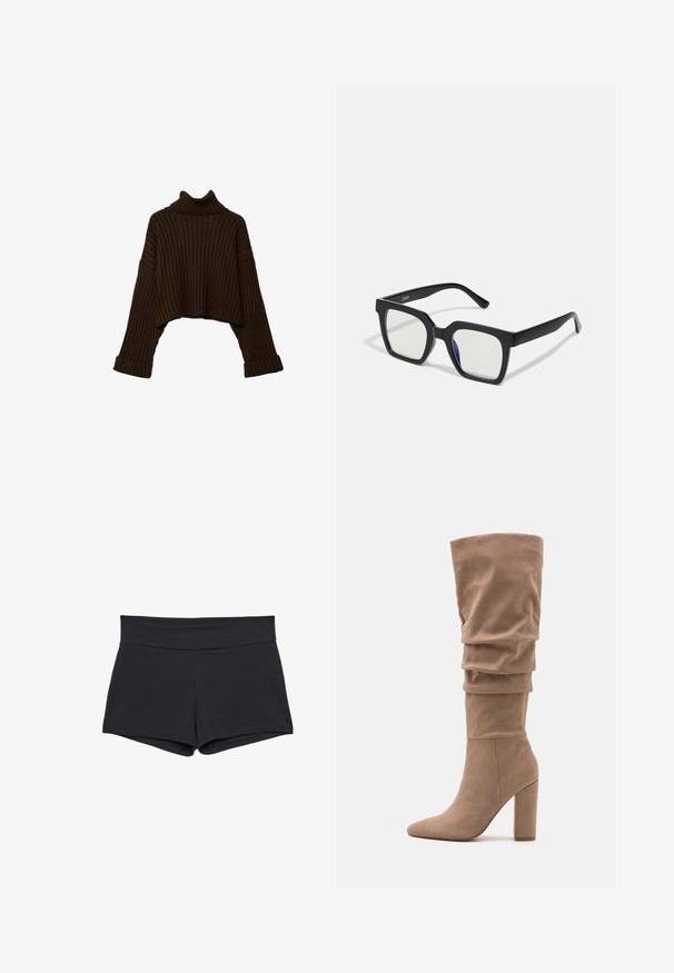 Smeđi, skraćeni rebrasti pulover s visokim ovratnikom i dugim rukavima, s teksturiranim pletenim dizajnom. Ima široke manžete i prilagođeni ovratnik.; Crne, uske kratke hlače s širokim pojasom, napravljene od mekanog, rastezljivog materijala. Rubovi su glatki bez vidljivih zakovica ili uzoraka.; Anna Field Čizme - beige; Crne sunčane naočale s mat finishem, s transparentnim lećama i blagim plavim tonom s jedne strane. Robustan, angularan dizajn.; MISAKO RITTE - Ručna torba - green