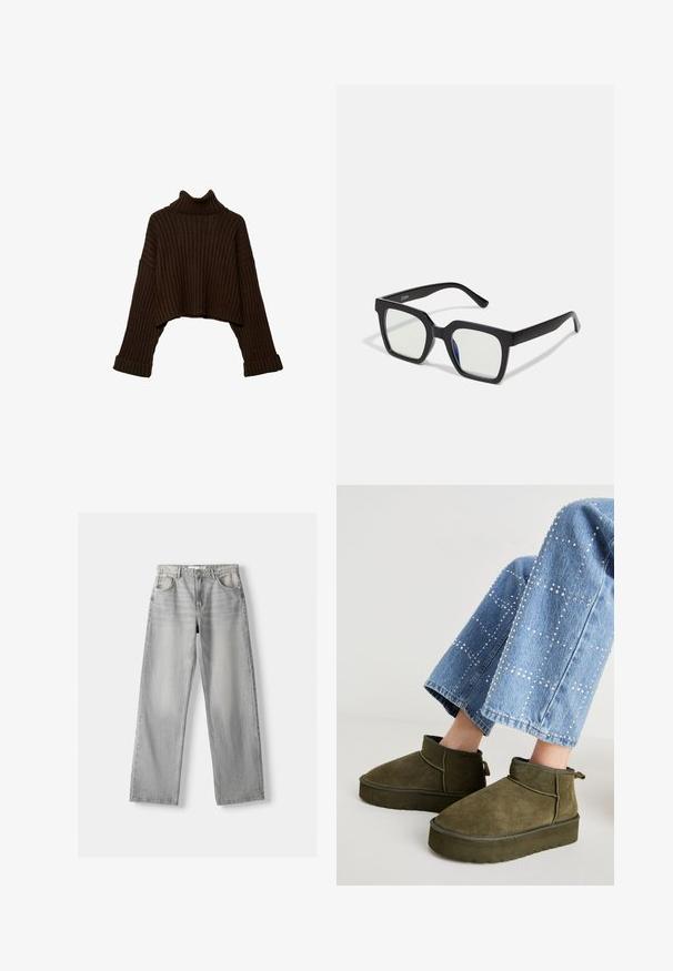 Bruine, cropped ribgebreide coltrui met lange mouwen en een textuurgebreid ontwerp. Kenmerkt zich door brede boorden en een aangesloten kraag.; Lichtgrijze denim jeans met een rechte pasvorm, voorzien van twee voorkruizen, een knoopsluiting en subtiele vervaging voor textuur.; Olijfgroene suède enkellaarsjes met een dikke, gestructureerde zool en een trekband. Gecombineerd met lichtblauwe, versierde spijkerbroek.; Zwarte vierkante zonnebril met een matte afwerking, voorzien van transparante lenzen en een lichte blauwe tint aan één kant. Stevig, hoekig ontwerp.; MISAKO RITTE - Handtas - green