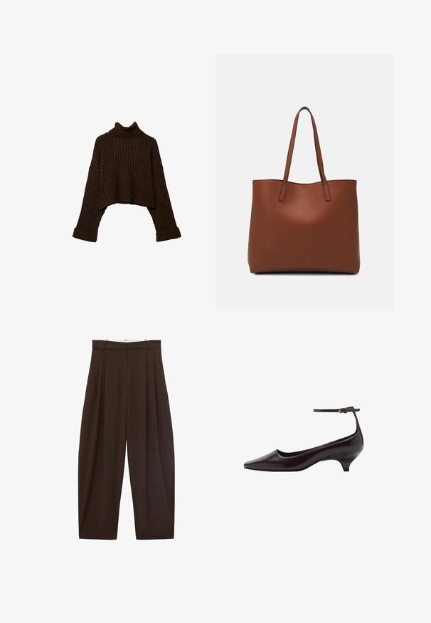 Smeđi, skraćeni rebrasti pulover s visokim ovratnikom i dugim rukavima, s teksturiranim pletenim dizajnom. Ima široke manžete i prilagođeni ovratnik.; Smeđe hlače visokog struka s nabranim detaljima, izrađene od glatkog materijala. Labav kroj, ravne nogavice, sa petljama za remen i zatvaračem na munju.; Tamno smeđe kožne cipele s kitten petom, šiljastog vrha, s tankim remenom oko gležnja i malim zlatnim kopčanjem.; Smeđa kožna torba preko ramena s glatkom teksturom, otvorenim vrhom i dvjema naramenicama. Ima minimalne šavove i nema vidljivog hardvera.