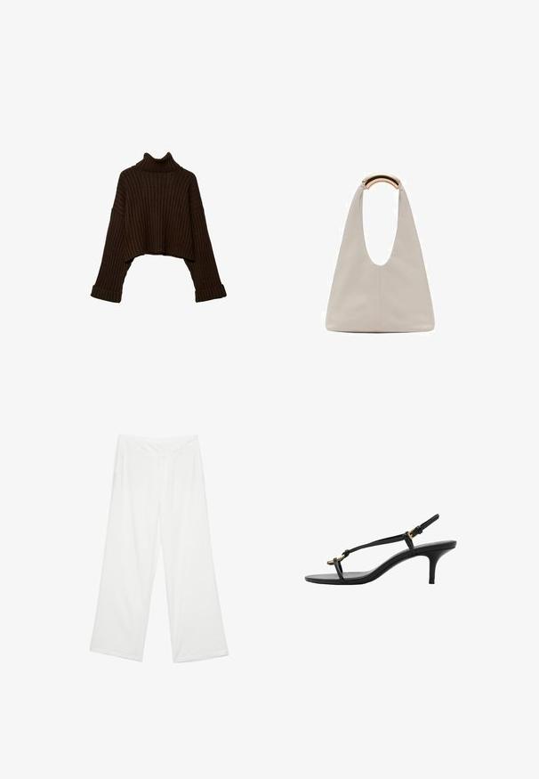 Smeđi, skraćeni rebrasti pulover s visokim ovratnikom i dugim rukavima, s teksturiranim pletenim dizajnom. Ima široke manžete i prilagođeni ovratnik.; Široke hlače od bijele tkanine, s glatkom teksturom, prednjim džepovima i klasičnim pojasom s petljama za remen.; Crne kožne sandale s kitten heel potpeticama, tankim trakama, zlatnom kopčom i minimalističkom petom za prste, na bijeloj pozadini.; Svijetlosivi kožni torba s oblikom u slovo U i zakrivljenim metalnim drškom. Glatka tekstura s minimalnim šavovima i bez vidljivih uzoraka.