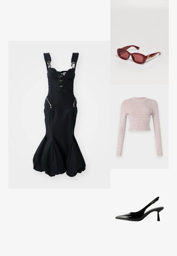 Vaaleanpunainen ribattu pitkähihainen lyhytneule, jossa on valkoisia toistuvia kiiltäviä logokuvioita. Pyöreä pääntie, tiukka malli.; Mustapuku, jossa on muotoiltu pukuosa, säädettävät olkaimet, vetoketjulliset sivutaskut ja levenevä helma. Sileä kangas, jossa on hieno kiilto.; Musta lakattu nahkasaapas, jossa on teräväkärkinen malli, leikattuja sivuja, säädettävä nilkkain ja ohut, virtaviivainen korko.; Punaiset muoviset aurinkolasit, joissa on suorakulmaiset kehykset, tummennetut linssit ja kultainen logo-alkuosa sankoissa. Sileä, kiiltävä pinta.; Mustikka kukkaketju, joka koostuu kerroksista valmistetuista terälehdistä, käytetään mustan raidallisen tanktopin kanssa, jossa on hopeiset accentit kaula-aukossa ja olkapäissä.