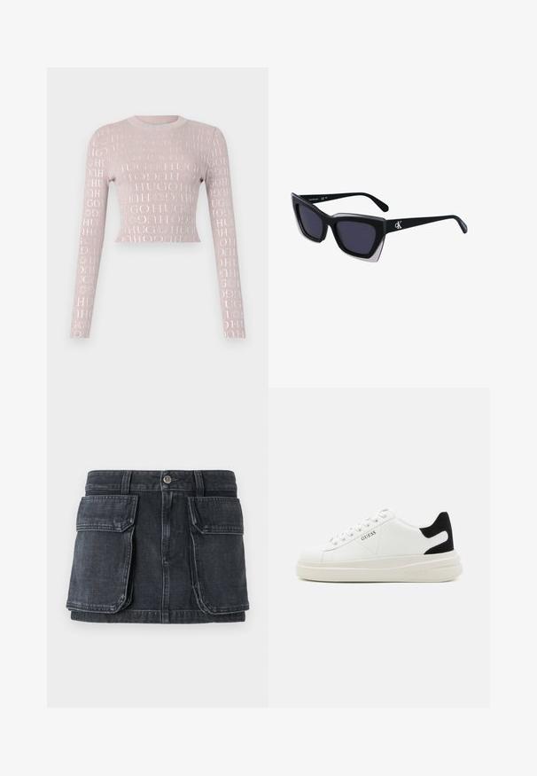 Maglione corto a maniche lunghe rosa chiaro a costine con un motivo logo lucido ripetuto in bianco. Collo rotondo, silhouette aderente.; Gonna in denim nera con vita aderente, chiusura con bottoni, due grandi tasche frontali e dettagli di cucitura a contrasto.; Sneaker bianchi in pelle con suola spessa bianca, accento in suede nero sul tallone e logo impresso sul lato. Design con lacci e sei fori per i lacci.; Occhiali da sole oversize neri dalla forma geometrica, con lenti scure e un dettaglio grigio a contrasto sulla montatura. Logo sul braccio.