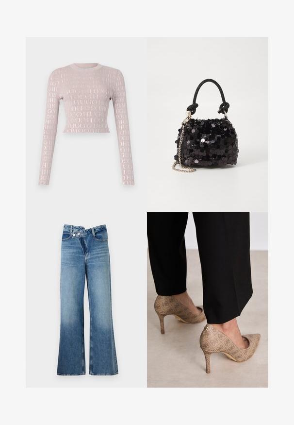 Light pink ribbed long-sleeve cropped sweater featuring a repeating glossy logo pattern in white. Round neckline, fitted silhouette.; Light blue denim flared jeans with a high waist, featuring two buttons and front pockets. Fabric has a faded texture with subtle variations.; Beige high-heeled shoes with a textured fabric featuring a repeating pattern. Pointed toe design with a back accent and gold heel detail.; Black sequin mini handbag with a knotted textured strap and silver chain. Rounded shape with gathered top and reflective detailing.