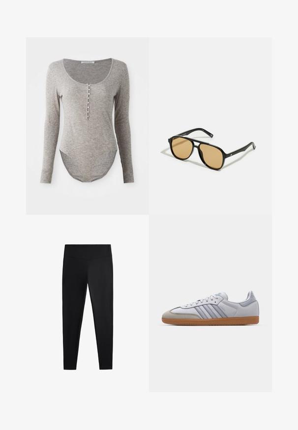Langærmet bodysuit i blødt grå stof, med en rund halsudskæring, knaplukning og buet kant for en tætsiddende pasform.; Sorte leggings lavet af glat, strækbart stof. Har en bred talje og en tapered ben-design, velegnet til aktiv eller afslappet brug.; Hvide lædersneakers med lyseblå accenter, grå ruskindsnæse og en brun gummisål. Har tre blå striber og "Samba" branding.; Sorte solbriller med brune tonede linser; rektangulær form med en tyk ramme, herunder diskrete hardwaredetaljer på stængerne.