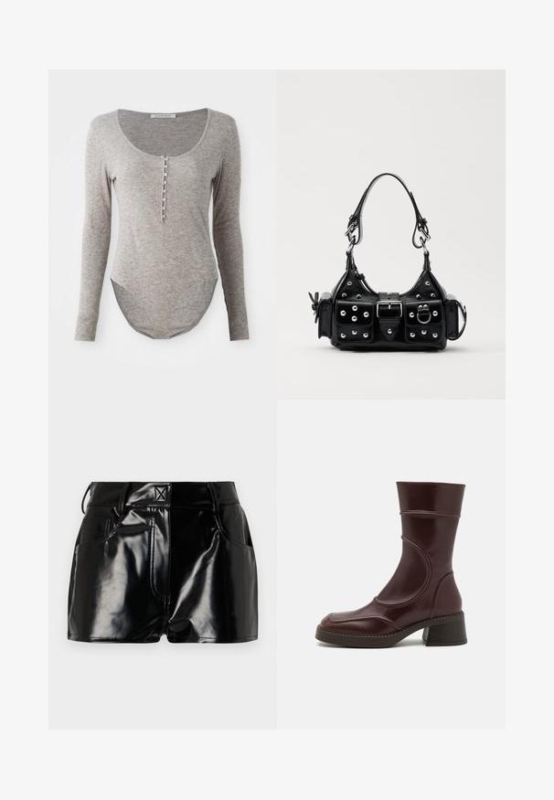 Bodysuit s dugim rukavima od mekog sivog materijala, s izrezom u obliku suze, kopčanjem na dugmad i zakrivljenim rubom za prianjanje.; Crne, sjajne kratke hlače napravljene od sintetičkog materijala. Imaju uski pojas, petljice za pojas i prednje džepove sa istaknutim detaljima šivanja.; MIISTA MALENE - Klasične gležnjače - brown; Crna kožna torba s zakrivljenim dizajnom, koja sadrži srebrne zakovice, kopču i dva bočna džepa. Podesiva traka za različite opcije nošenja.
