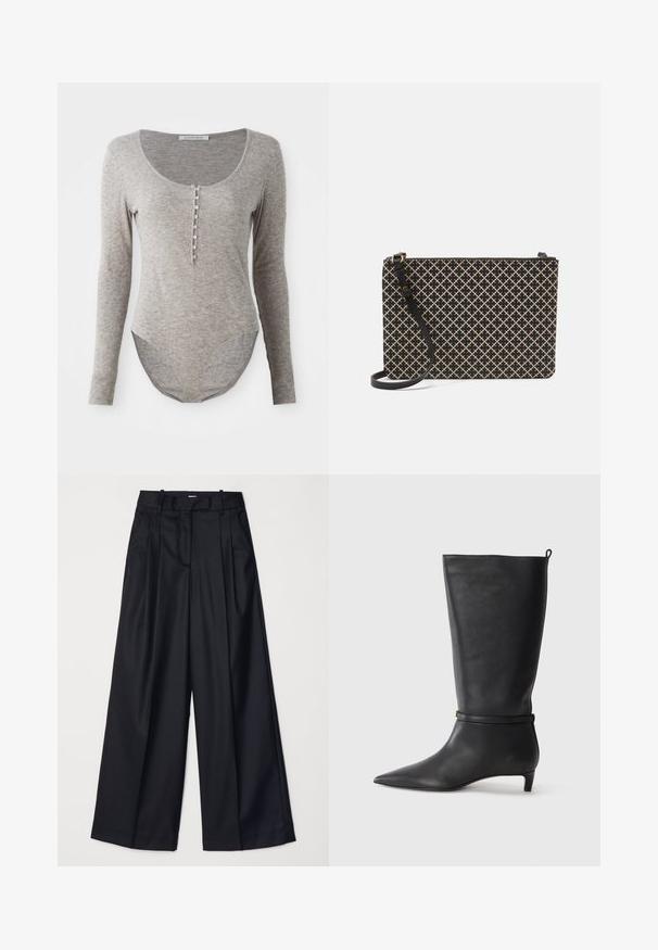 Bodysuit de manga larga en suave tela gris, con escote en forma de barco, cierre de botones y dobladillo curvado para un ajuste ceñido.; Pantalones de pierna ancha negros, confeccionados en una tela suave, con una cintura alta, pliegues y un diseño ajustado. Accesorios sencillos en negro en la cintura.; Bota de cuero negro hasta la rodilla con punta afilada, acentuada por una correa circular alrededor del tobillo y un tacón bajo y afilado. Textura suave.; Bolso de mano de patrón negro y beige con forma rectangular, que presenta un diseño entrecruzado, un cierre de cremallera y una correa negra desmontable.