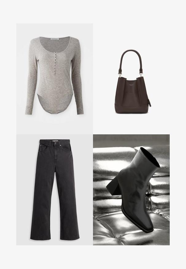 Hosszú ujjú bodysuit puha szürke anyagból, mély kivágással, gombos záródással és ívelt alsó résszel a kényelmes illeszkedés érdekében.; Fekete farmer széles lábacskájú nadrág magas derékkal, öt zsebbel és fémből készült gombos záródással. Az anyag sima, enyhén fakó textúrájú.; Fekete bokacsizma fényes anyagból, négyzetes orral és szűkített sarkú, egy csillogó ezüst kárpitozott háttér előtt.; Carlheim ADALINE - Kézitáska - brown