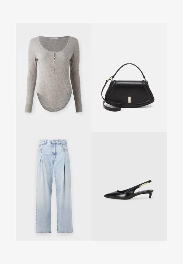 Bodysuit à manches longues en tissu gris doux, avec décolleté en cœur, fermeture à boutons et ourlet arrondi pour un ajustement confortable.; Jeans en denim bleu clair avec taille haute, coupe large, deux poches latérales et design plissé. Texture douce avec une finition décolorée.; Talons hauts en cuir noir avec un bout pointu, dotés d'un talon fin et d'un accent en ton or sur la lanière réglable. Texture lisse.; Sac à main en cuir noir avec un design structuré, featuring une forme cropped, une poignée supérieure et des accents en matériel doré. Bandoulière réglable incluse.