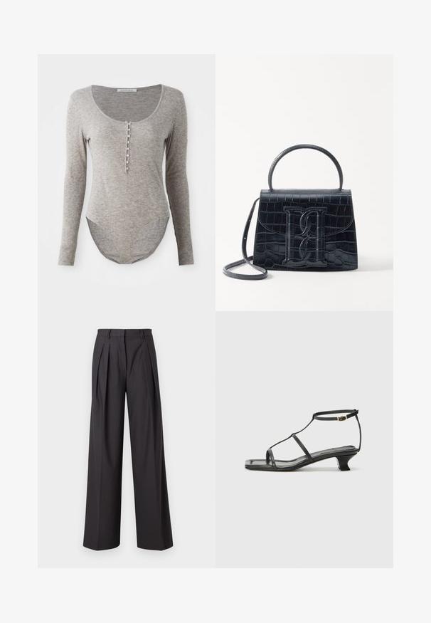 Langærmet bodysuit i blødt grå stof, med en rund halsudskæring, knaplukning og buet kant for en tætsiddende pasform.; Bredde ben bukser i mørkegrå stof, med frontfolder, en glat tekstur, en mellemhøj talje og bæltestropper.; Sort lædersandal med firkantet tå, tynde stropper, justerbar ankelrem og en lav hæl. Har et lille gyldent element på stroppen.; Sort krokodillede læderhandbag med en struktureret design, top-håndtag, justerbar rem og et fremtrædende frontlogo.