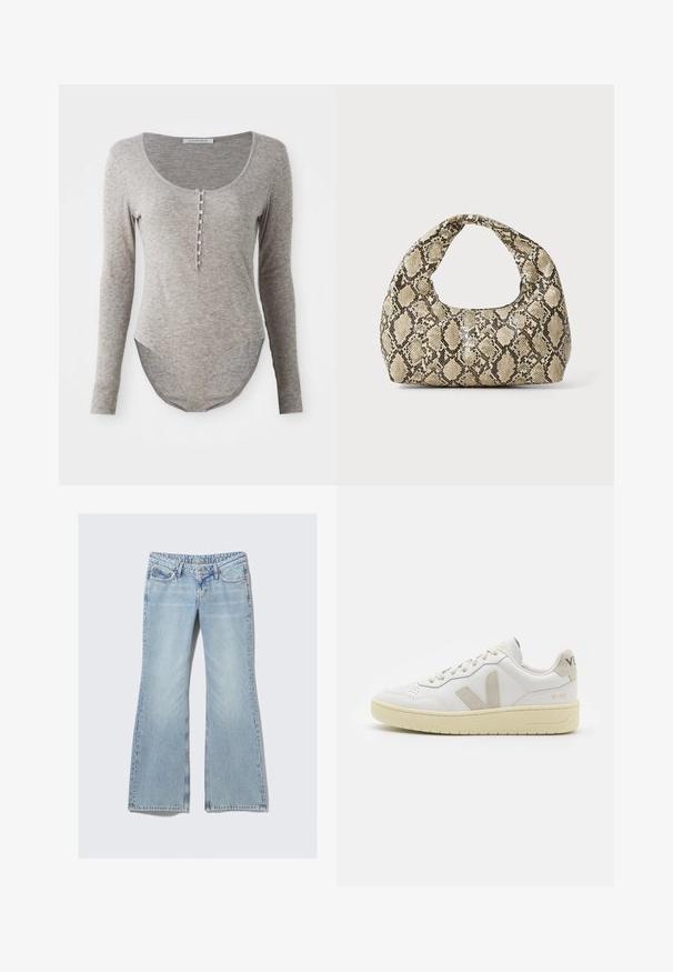 Langarm-Bodysuit aus weichem grauem Stoff mit einem runden Ausschnitt, Knopfverschluss und abgerundetem Saum für einen enganliegenden Sitz.; Weekday NOVA - Jeans Slim Fit - lip blue; Weiße Ledersneaker mit beigen Wildlederakzenten, perforierte Zehenbox, flache Schnürsenkel und eine strukturierte cremefarbene Sohle. Mit dezentem Branding an der Ferse.; Schlangenmuster-Tasche mit einem gebogenen Griff. Hergestellt aus strukturierten, beige- und braunfarbenen Materialien, die ein markantes Diamantmuster aufweisen.