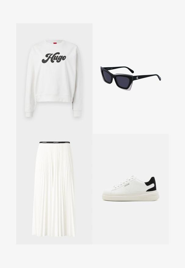 Valge pusa lühendatud kujundusega, pikki varrukate ja kumerate kaelus. Must "Hugo" logo on esiküljel selgelt nähtav.; Kurtitudega valge seelik musta elastse vööga, millel on "LACOSTE" logo. Keskmise pikkusega disain pehme tekstuuriga.; Valged nahast tennisetossud paksu valge tallaga, musta sametist kontsakeeuga ja külje peal riigilogo reljeefne kujundus. Lukkeskeem kuue silmaauguga.; Mustad suured mustad prillid geomeetrilise kujuga, tumedate läätsedega ja kontrastse halli detailiga raamidel. Logo käe peal.