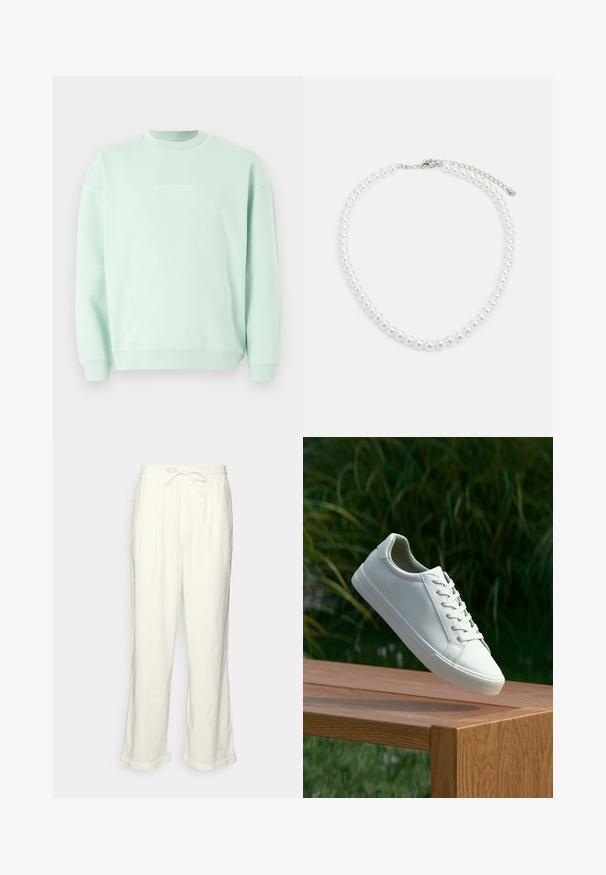 Mint zeleni dukserica s dugim rukavima, okruglim izrezom i malim bijelim logom sprijeda. Mekani materijal s jednostavnom teksturom.; Linen hlače u boji slonovače s elastičnim pojasom, lagano širokim nogavicama i uvrnutim manžetama za opušteni izgled. Bez džepova.; Bijele tenisice s vezicama lebde iznad drvenih klupa uz pozadinu zelenog lišća, prikazujući dizajn i teksturu obuće.; Bijela biserna ogrlica s uniformnim okruglim oblikom, glatkom površinom i metalnom kopčom s produžnom lancem za podesivu duljinu.
