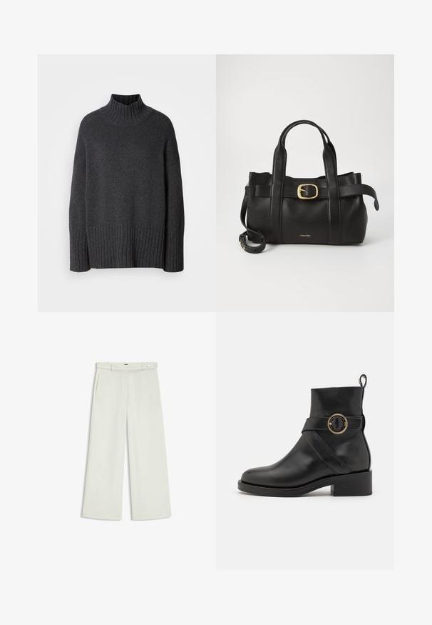 Dunkelgrauer Rollkragenpullover aus geripptem Strickmaterial. Verfügt über breite Rippungen am Saum und an den Bündchen, mit einem lockeren, übergroßen Schnitt.; Weite Hose aus zartem Creme-Stoff, mit seitlichen Taschen, flatem Bund und einer Knopfverschluss an der Taille. Glatte Textur.; BOSS IRYNA BOOTIE - Plateaustiefelette - black; Schwarze Lederhandtasche mit strukturiertem Design, doppelten oberen Griffen, goldfarbenem Schnallenakzent und geprägtem Markenlogo auf der Vorderseite.
