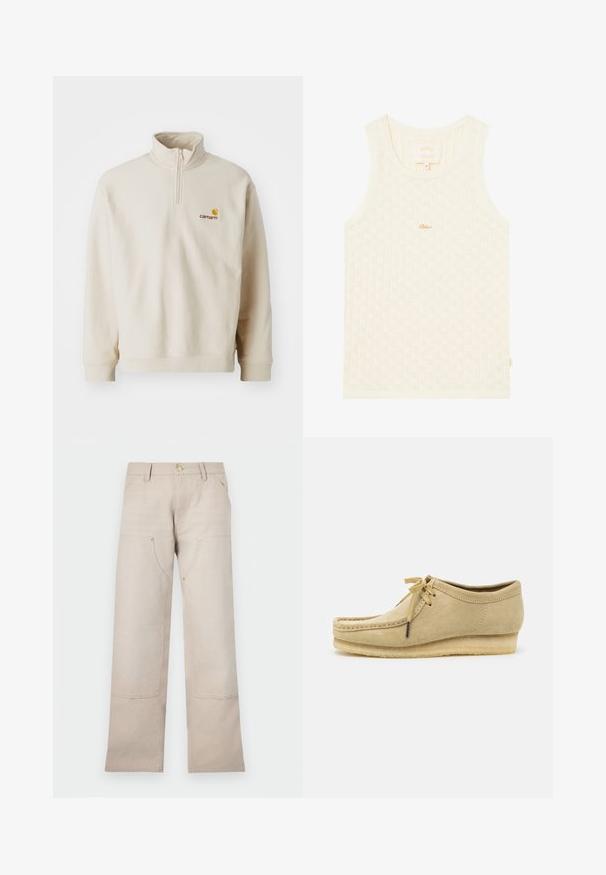 Beige fleece pullover with a quarter zip, high collar, and Carhartt logo embroidered in yellow and brown on the left chest.; Cream-colored tank top with a ribbed texture featuring small diamond patterns. It has a rounded neckline and a subtle gold logo.; Beige cotton pants with a straight-leg design, featuring two front pockets and two zippered accents. Gold-tone hardware highlights.; Beige suede shoe with a lace-up design, stitched detailing, and a rubber sole. The shape is casual with a slight wedge heel.