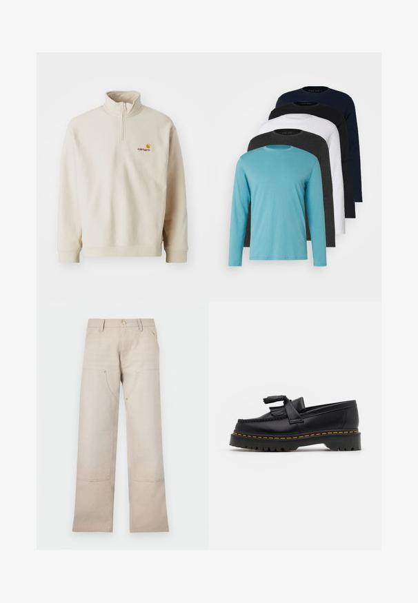 Pullover in fleece beige con zip a quarto, colletto alto e logo Carhartt ricamato in giallo e marrone sul lato sinistro del petto.; Cinque magliette a maniche lunghe in fila: turchese, nera, bianca, grigio scuro e blu navy. Tessuto morbido con design a girocollo e vestibilità standard.; Pantaloni in cotone beige con design a gamba dritta, dotati di due tasche frontali e due dettagli con cerniera. Hardware in tonalità oro in evidenza.; Mocassino in pelle nera con un'accento a frange, dotato di una suola nera spessa e cuciture gialle lungo il bordo. Finitura testurizzata.