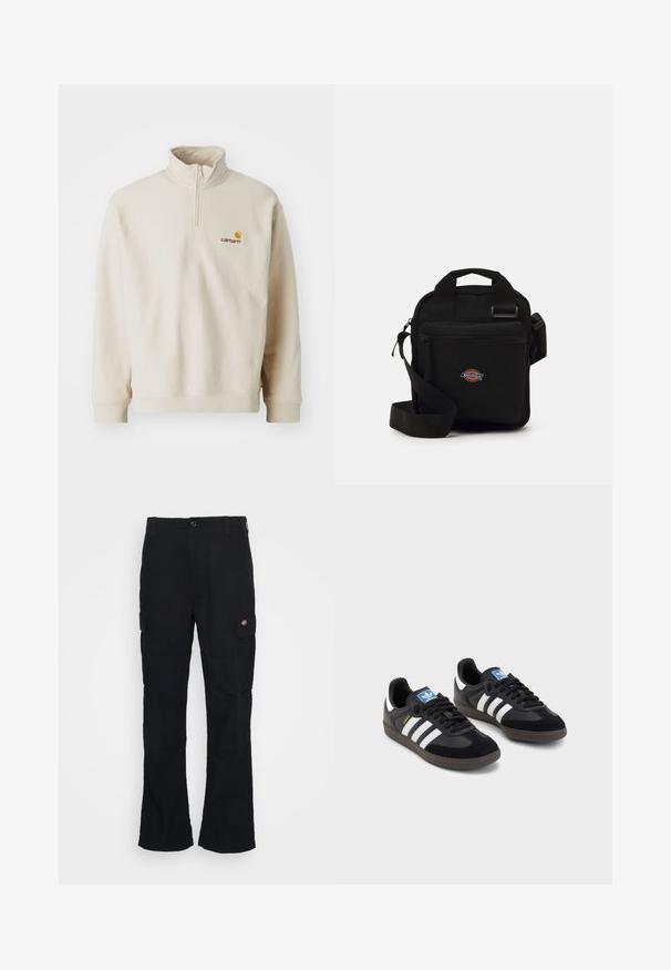 Beige Fleece-Pullover mit einem Viertelreißverschluss, hohem Kragen und dem Carhartt-Logo in Gelb und Braun auf der linken Brust gestickt.; Schwarze Cargo-Hose mit geradem Bein, aus strapazierfähigem Stoff gefertigt, mit Seitentaschen und einem aufgenähten Logo auf der linken Seite.; Schwarze Sneaker mit einem Obermaterial aus Wildleder und Synthetik, ausgestattet mit drei weißen Streifen, einer strukturierten Gummi-Sohle und einem blauen Logo-Tag auf der Zunge.; Schwarze Umhängetasche mit einem Reißverschlussfach, rechteckiger Form, aus Stoff gefertigt, mit einem Logo-Patch auf der Vorderseite und verstellbarem Schultergurt.