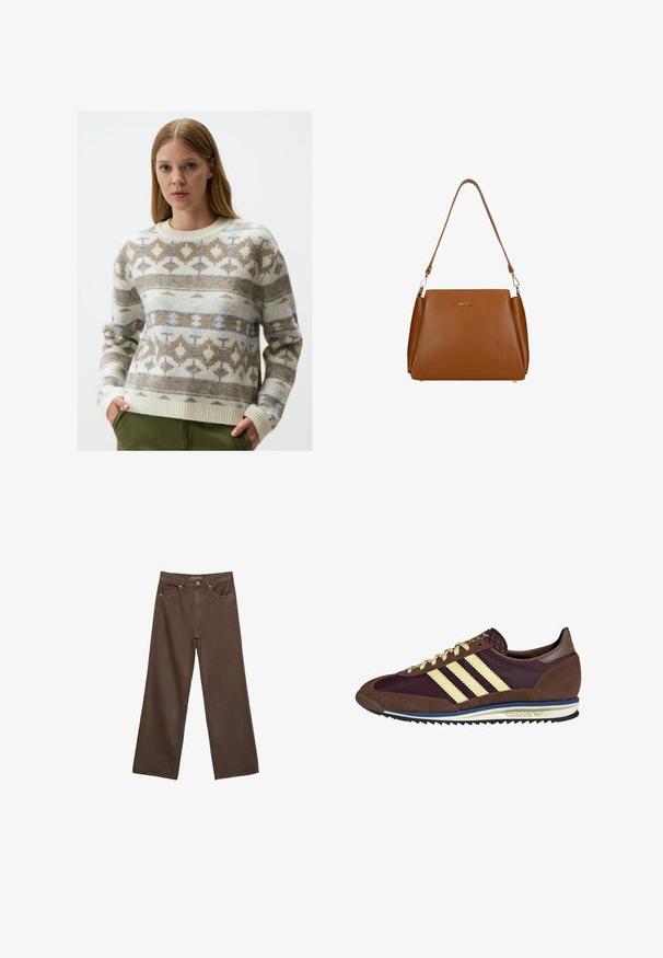 Pull en tricot avec une base ivoire et des motifs géométriques en marron et bleu. Encolure ronde, poignets et ourlet côtelés, fabriqué à partir d'un matériau doux.; Jean brown à jambes larges en denim, doté d'une taille haute, de poches avant et d'une fermeture à bouton classique. Texture lisse avec des coutures subtiles.; Baskets marron et bordeaux avec des matériaux en daim et en maille, présentant trois rayures crème, un tissu texturé sur la languette et une semelle en caoutchouc.; Sac à main en cuir marron avec une surface texturée, une seule sangle pour l'épaule et un logo subtil à l'avant. Dispose d'un design structuré.