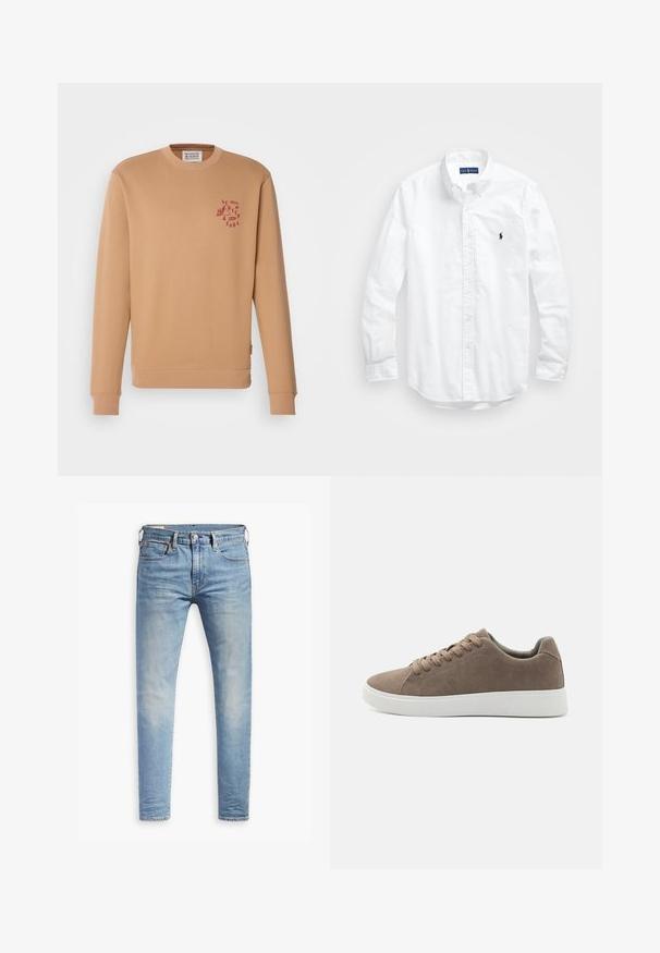 Sweatshirt beige à encolure ras du cou en coton doux. Présente un petit logo rouge sur la poitrine gauche et des poignets et un ourlet côtelés.; Chemise blanche à manches longues en coton. Dotée d'un col classique, de poignets à boutons et d'un petit logo brodé bleu marine sur la poitrine.; Jean slim bleu clair avec un léger délavage sur les cuisses, fermeture à bouton à l'avant, passants de ceinture et style à cinq poches sur fond blanc.; Baskets en daim marron avec des semelles en caoutchouc blanc plat, design lacé, bout rond et texture lisse. Style minimaliste avec des détails de couture subtils.
