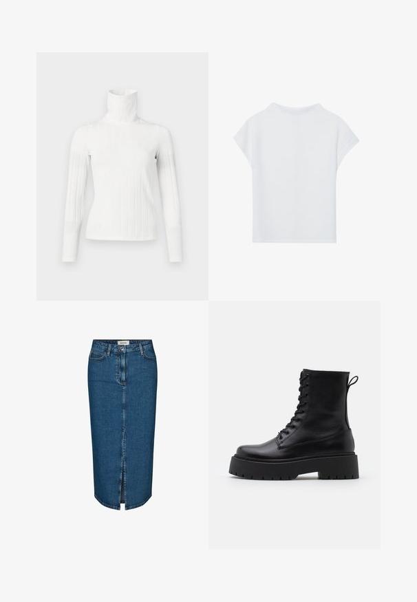 Valkoinen ribbikuvioinen pooloneule pitkähihaisilla hihoilla, jossa on korkea kaulus ja sileä pinta. Istuvuus on tyylikäs ja muotoon ommeltu.; Valkoinen lyhythihainen toppi, jossa on rento leikkaus, kevyt materiaali ja pyöreä kaula-aukko. Takakuvassa näkyy sileä ja yksinkertainen muotoilu.; Tummansininen denim-mekko, jossa on edessä halkio, viisi taskua ja kontrastiväriset saumat. Keskikorkea vyötärö ja klassinen muotoilu.; Musta nahkainen nilkkureita, joissa on pyöreä kärki, nauhakiinnitys edessä ja paksu kumipohja, jossa on teksturoitu pinta. Takana vetotappi.