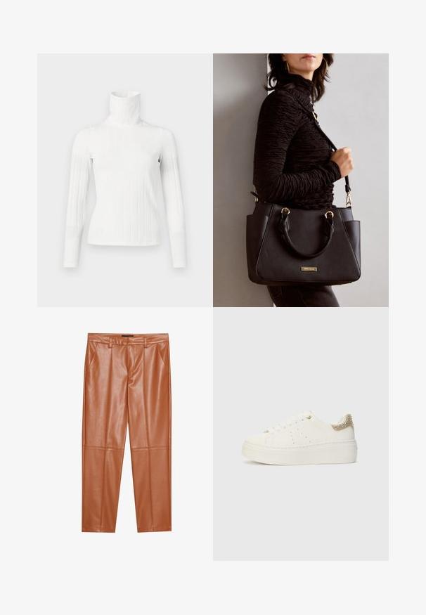 Fehér bordás garbó pulóver hosszú ujakkal, magas gallérral és sima felülettel. Az illeszkedés karcsú és testhezálló.; Barna műbőr nadrág, testhez simuló fazonnal, elöl pliszírozott részletekkel és egyenes szárakkal. Sima textúra, látható fém részletek vagy díszítések nélkül.; Fehér sneaker sima bőr felsőrésszel és struktúrált arany díszítésű sarokkal. Kerek orral, fűzős kialakítással és platform talppal rendelkezik.; Fekete kézitáska texturált felülettel, dupla felső fogantyúval és állítható vállpánttal. Arany színű fém kiegészítők és oldalsó zsebek találhatók rajta.