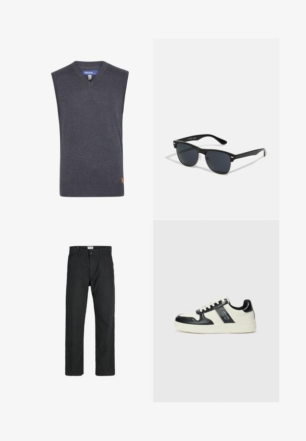 Maglione senza maniche grigio con scollo a V, realizzato in un tessuto a maglia liscio. Presenta un orlo a coste e una piccola etichetta con logo sul lato.; Pantaloni neri realizzati in tessuto resistente, caratterizzati da un design a gamba dritta, dettagli cuciti e due tasche frontali per la funzionalità.; Sneakers in pelle con una combinazione di colori nero e crema, dotati di dettagli perforati, collare imbottito e suola testurizzata.; Occhiali da sole neri con forma rettangolare, lenti scure, dettagli in argento alle tempie e finitura opaca sulla montatura.