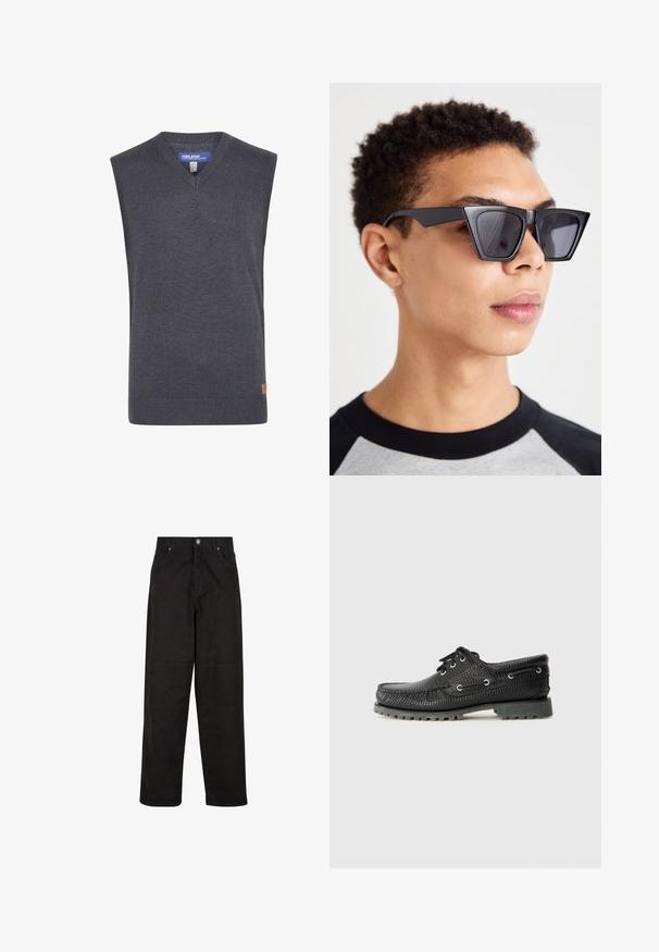 Grå ermeløs genser med v-hals, laget av et glatt strikket stoff. Har ribbestrikket kant og en liten logo-patch på siden.; Sorte vide benbukser i bomull med en glatt tekstur, med to foran lommer, knappeåpning og rett snitt.; Svart teksturert snøresko med rund tå, metallhull og en ruglet grå gummisåle. Har et vevd mønster på overdelen.; Sorte, vinklede solbriller med mørke linser, med et dristigt geometrisk design og en mat finish. Båret af en person med kort hår.