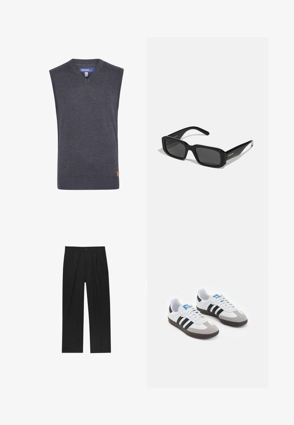 Grå ærmeløs sweater med v-hals, lavet af et glat strikket stof. Har en ribbet kant og et lille logo-patch på siden.; Sorte bukser med lige ben, lavet af et glat stof. Har frontfolder og en enkelt knaplukning i taljen.; Sportsko med en overdel i hvid læder, grå ruskind på tåen og tre sorte striber. Har et blåt logo på tungen og en struktureret gummisål.; Arnette THEKIDD UNISEX - Solbriller - black