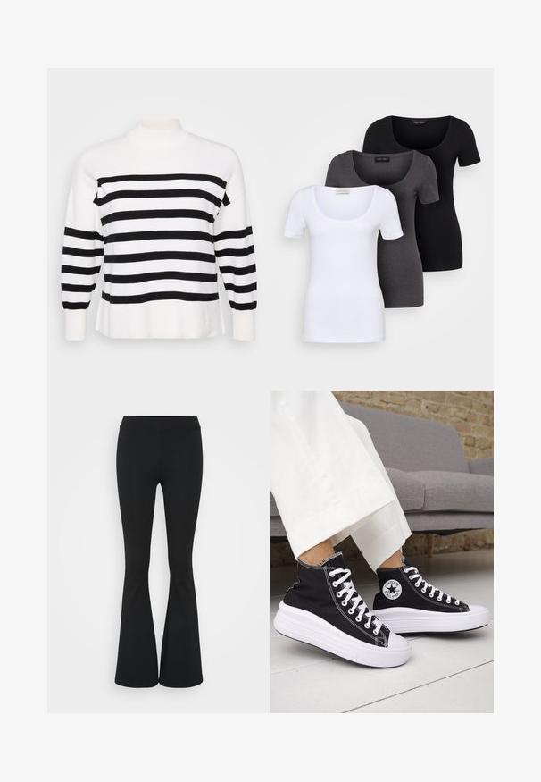 Črno-bela ušita majica s visokim ovratnikom, rebrastimi manšetami in sproščenim krojem. Mehka pletena tekstura z enakomernimi horizontalnimi vzorci.; Tri prilegla majica v beli, sivi in črni barvi. Vsaka ima širok izrez na vratu in kratke rokave. Narejene so iz gladkega, raztegljivega materiala.; Črne hlače s širokimi hlačnicami, izdelane iz raztegljive tkanine, z visokim pasom in gladko teksturo. Hlače se širijo od kolena navzdol.; Črni visoki supergi z belimi gumijastimi podplati in vezalkami. Na njih je okrogel logotip in kontrastno belo šivanje. Iz blaga platna.