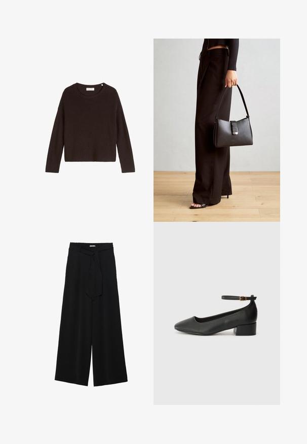 Črni rebrasti pleteni pulover z okroglim izrezom in dolgimi rokavi. Ima sproščen kroj in teksturirano površino. Oznaka: Mare O'Polo.; Črne široke hlače iz teksturirane tkanine, z elastičnim pasom in odstranljivim trakom na pasu za prilagodljivo prileganje.; Črne usnjene pumpice z nazobčanimi prsti in nizko blokasto peto. Imajo trak okoli gležnja z zaponko v zlatem tonu. Gladka tekstura.; Črna torbica z strukturirano obliko, gladko teksturo in kovinskim zaponko. Ujemajo se z širokimi črnimi hlačami in odprtimi sandali na lesenem tleh.