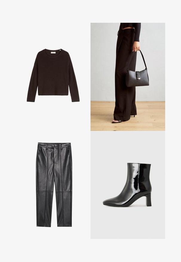 Zwart geribbelde gebreide trui met een ronde halslijn en lange mouwen. Heeft een losse fit en een gestructureerd oppervlak. Label: Mare O'Polo.; Zwarte leren broeken met een gladde textuur, voorzien van een rechte pasvorm, twee voorzakken en zichtbare naaddetail.; Zwarte gepolijste leren enkellaars met een spitse neus en een blokhak van gemiddelde hoogte. Glad textuur en minimalistisch ontwerp.; Zwarte handtas met gestructureerde vorm, gladde textuur en een metalen sluiting. Gecombineerd met brede zwarte broeken en sandalen met open teen op een houten vloer.