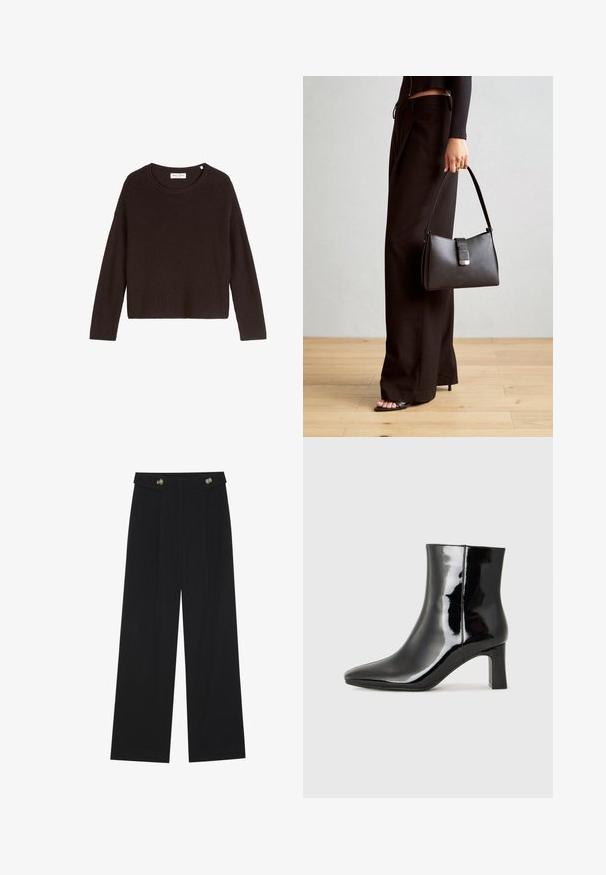 Pulover negru din tricot cu nervuri, cu decolteu rotund și mâneci lungi. Are o croială lejeră și o suprafață texturată. Eticheta: Mare O'Polo.; Pantaloni negri cu picioare largi, talie înaltă, detalii cu butoane pe talie și pliseuri în față.; Botine negre din piele lacuită, cu vârful ascuțit și toc bloc de înălțime medie. Textură netedă și design minimalist.; Genți negre cu o formă structurată, textură netedă și un închizător metalic. Asortată cu pantaloni negri largi și sandale cu vârf deschis pe un podea din lemn.
