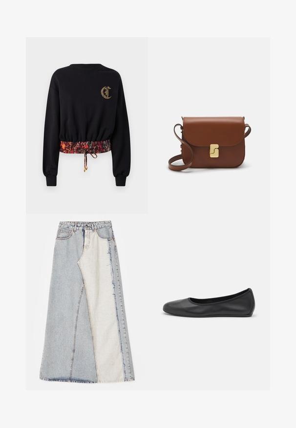 Mustaharjo blackki huppari, jossa on pitkät hihat, ribbed-hihansuut ja brodeerattu logo. Mukana joustava, kuviollinen vyötärö, jossa on punaisia ja oransseja sävyjä.; Hame denim, joka esittelee tilkkutyösuunnittelua vaaleansinisistä ja keskisinisistä osista, repaleisilla helmillä ja korkealla vyötäröllä. Klassinen viisi-taskuinen tyyli.; Musta nahkainen ballerina, jossa on pyöristetty kärki, sileä pinta, minimaalinen ommelkoristelu ja joustava pohjamuotoilu.; Ruskea nahkainen käsilaukku, jossa on läppäkiinnitys, kultasävyiset yksityiskohdat, olkahihna ja sileä pinta. Kompaktin suorakaiteen muotoinen.
