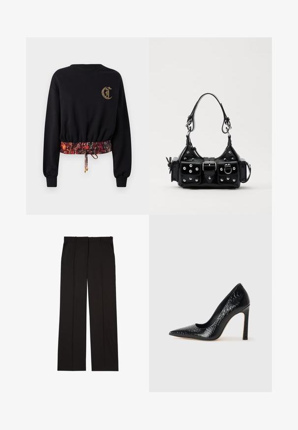 Black sweatshirt with long sleeves, ribbed cuffs, and embroidered logo. Features an elasticized, patterned waistband in red and orange tones.; Black tailored trousers made of a smooth fabric, featuring a straight-leg design, and two side pockets. Elegant and minimalistic construction.; Black pointed-toe high heel shoe with a crocodile-skin texture, featuring a sleek design, high stiletto heel, and smooth black interior.; Black leather handbag with a curved design, featuring silver studs, a buckle, and two side pockets. Adjustable strap for carrying options.