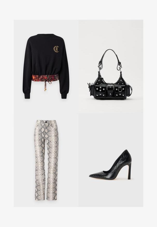Black sweatshirt with long sleeves, ribbed cuffs, and embroidered logo. Features an elasticized, patterned waistband in red and orange tones.; Snake-print trousers in a beige and gray color scheme. Straight-leg design with a textured finish and front pockets. Features a button closure.; Black pointed-toe high heel shoe with a crocodile-skin texture, featuring a sleek design, high stiletto heel, and smooth black interior.; Black leather handbag with a curved design, featuring silver studs, a buckle, and two side pockets. Adjustable strap for carrying options.