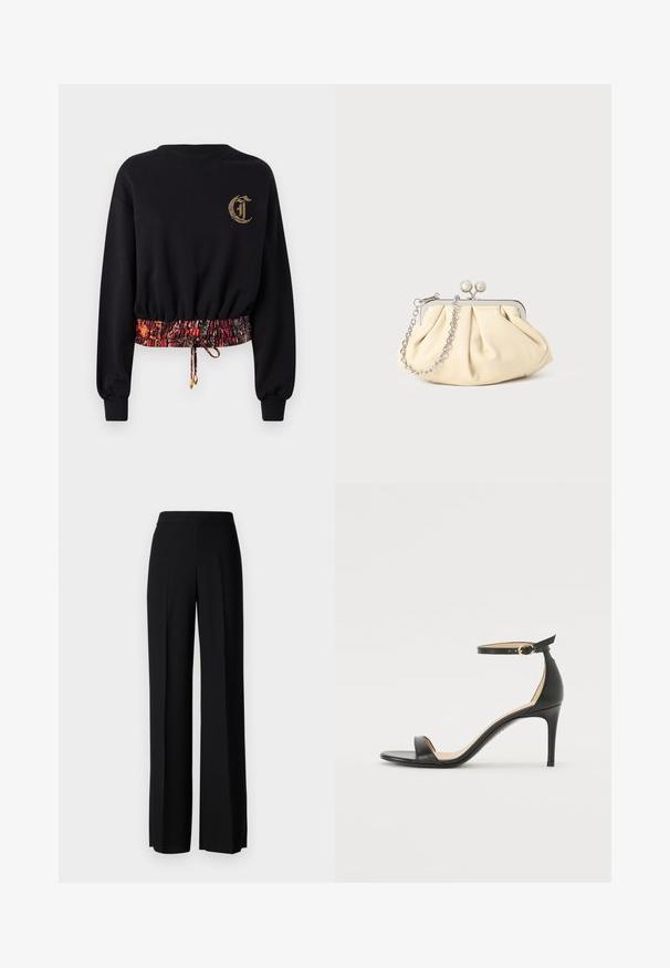 Sweat-shirt noir à manches longues, avec des poignets côtelés et un logo brodé. Il possède une taille élastiquée avec un motif dans des tons rouges et oranges.; Pantalons noirs à jambes larges avec une texture lisse, dotés d'une taille haute et de plis centraux. Pas de motifs visibles ni de détails en matériel.; Sandale à talons hauts en cuir noir avec une lanière de cheville. Présente une texture lisse, un bout ouvert et un talon fin. Détail de boucle en ton doré.; Pochette en cuir beige plissé avec un cadre en métal argenté, dotée de deux fermoirs ronds décoratifs et d'une chaîne en argent.