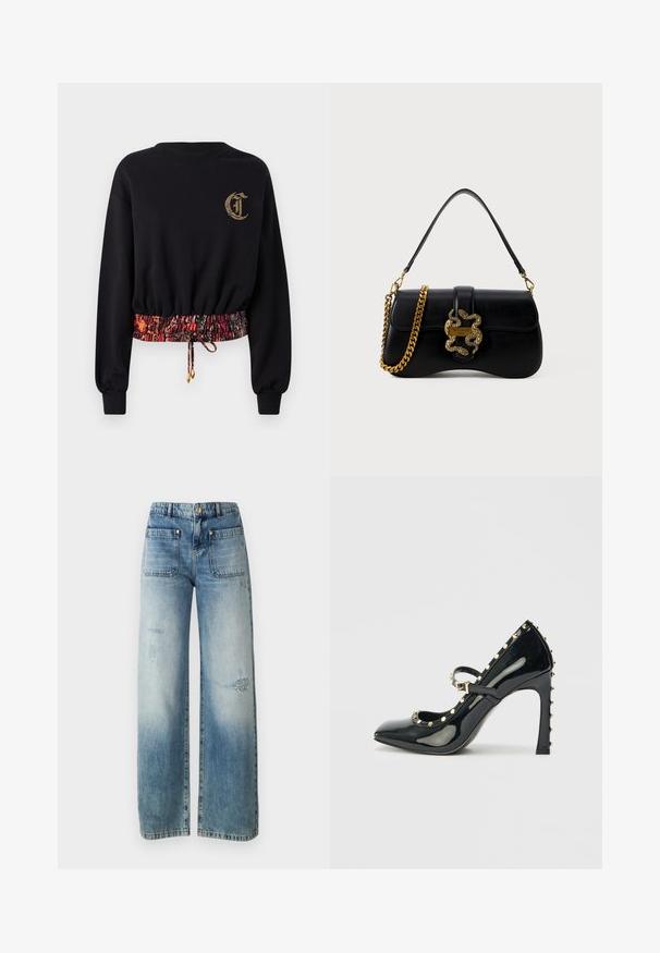 Čierna mikina s dlhými rukávmi, rebrovanými manžetami a vyšívaným logom. Obsahuje elastický pás so vzorom v červených a oranžových odtieňoch.; Svetlomodré široké džínsy vyrobené z denimu, s poškodeným dizajnom a rozstrapkanými detailmi. Dva predné vrecká a zapínanie na gombík v páse.; Čierna lakovaná vysoká topánka na podpätku s špicatou špičkou, remienkom okolo členka a zlatými hrotmi pozdĺž okrajov.; Čierna kožená kabelka s zakriveným tvarom, zlatým hadím akcentom a reťazovým ramienkom. Obsahuje klopňové zapínanie s kovovou logovou platňou.