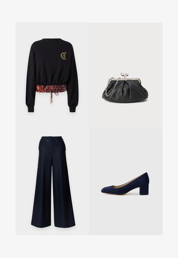 Schwarzer Sweatshirt mit langen Ärmeln, gerippten Bündchen und gesticktem Logo. Verfügt über einen elastischen, gemusterten Bund in Rot- und Orangetönen.; Weit geschnittene Hosen aus dunklem Marineblau mit hoher Taille, zwei vorderen Taschen und strukturierten Knopfverschlüssen für eine maßgeschneiderte Passform.; Marineblaue Wildleder-Pumps mit spitzem Zehenbereich und einem mittelhohen Blockabsatz. Glatte Textur mit einem subtilen Glanz und einem kleinen Ausschnitt an der Vorderseite.; Schwarze Leder-Clutch mit geraffter Textur, silberfarbener Metallrahmen, Druckverschluss und Kettenriemen. Glatte, weiche Oberfläche.