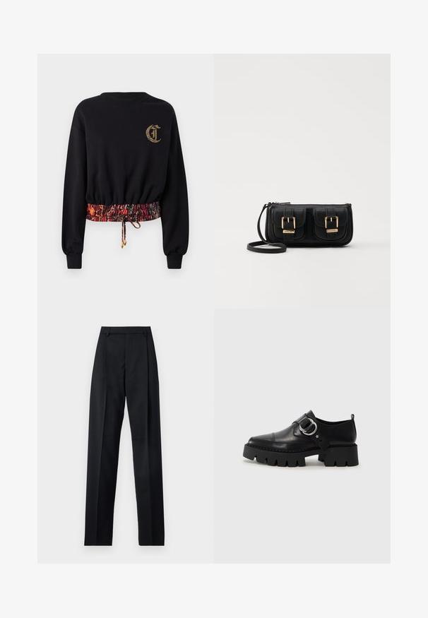 Svart hettegenser med lange ermer, ribbede mansjetter og brodert logo. Har en elastisk, mønstret midjebånd i røde og oransje toner.; Svarte bukser laget av glatt stoff, med høy midje, vide ben, frontfolder og klassiske beltehemper. Ingen synlige sidelommer.; Sorte læringssko med en kraftig ribbet såle, som har en sirkulær sølvfarget detalj og minimal sømdekorasjon.; Svart skinn crossbody veske med to frontlommer, gyldne spenner, glidelåslukking og en slank stropp. Teksturert overflate og kompakt rektangulær form.