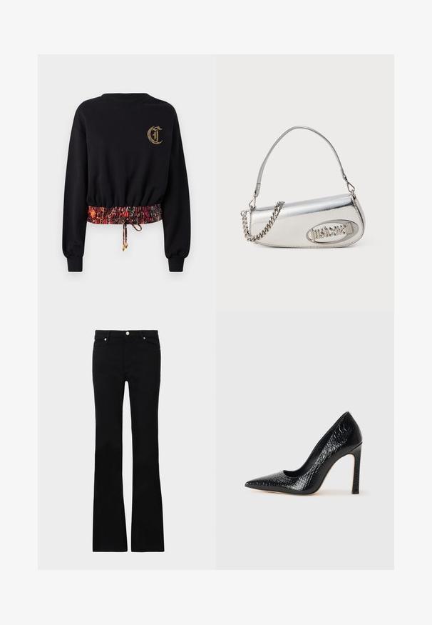 Juodas džemperis ilgomis rankovėmis, su tinklinėmis apykaklėmis ir siuvinėtu logotipu. Jame yra elastingas, raštuotas juosmuo raudonos ir oranžinės spalvų tonais.; Juodi plačios kojų džinsai, pagaminti iš denimo, turintys dvi priekinės kišenes, užsegimą su mygtuku ir lygią tekstūrą. Išsiuvinėjimas matomas siūlėse.; Juoda smailiakulnė aukšto kulno bateliai su krokodilo odos tekstūra, pasižymintys elegantišku dizainu, aukštu stiletu kulnu ir lygia juoda vidine dalimi.; Sidabrinė metalinė rankinė apvalios trikampio formos, su logotipu, grandeline juosta ir lygiu paviršiumi. Užtrauktukas šone.