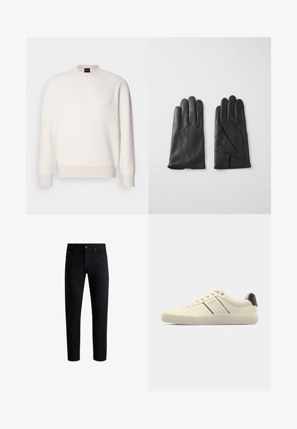 Weißes Rippensweatshirt mit rundem Halsausschnitt und langen Ärmeln. Besitzt einen strukturierten Stoff mit weichem Finish und dezenten horizontalen Linien.; Schwarze Slim-Fit-Jeans mit fünf Taschen, Knopfverschluss und Gürtelschlaufen, vor einem weißen Hintergrund präsentiert.; Cremfarbene Sneaker mit glatter Oberfläche, die schwarze Akzente und Markenlogo aufweisen. Klassisches Schnürdesign mit runder Zehenform und Gummisohle.; Schwarze Lederhandschuhe mit fünf Fingern, die mit dekorativen Nähten versehen sind. Das Innere hat ein weiches Futter und ein offenes Design für den Zeigefinger.