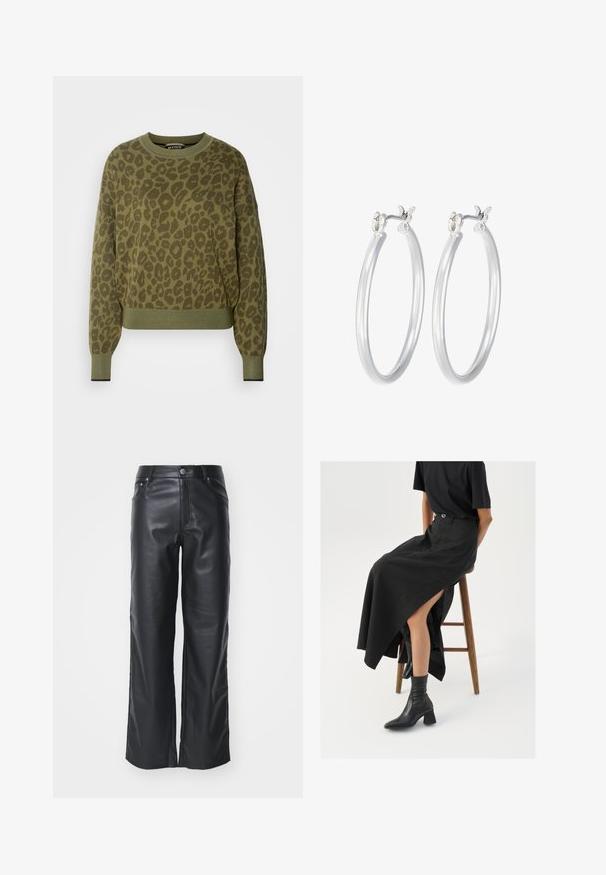 Scotch & Soda RELAXED - Pullover - khaki; Pantalon large en cuir noir avec une texture lisse, doté d'une fermeture à bouton sur le devant et d'un design à cinq poches. Conçu pour un ajustement décontracté.; Jupe maxi en lin noir avec une fente haute, portée avec un t-shirt noir et des bottes de cheville noires. Design minimaliste avec une coupe décontractée.; Boucles d'oreilles en argent avec une finition lisse et polie. Forme ronde et fermeture à clip sécurisée. Design léger adapté pour un port quotidien.