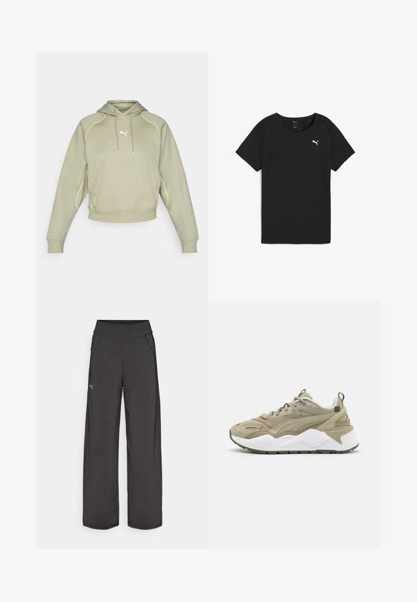 Světle zelená zkrácená mikina s kapucí, žluté švy, klokaní kapsa a malé bílé logo na hrudi. Měkká tkanina.; Černé tričko s krátkým rukávem vyrobené z lehké tkaniny, s kulatým výstřihem a bílým logem Puma na prsní části.; Černé sportovní kalhoty s širokým pasem, bočními kapsami a plochými švy. Obsahují malé logo na levé nohavici. Vyrobeno z hladké, elastické tkaniny.; Khaki tenisky s vrchní částí z mešní a semišové kůže, bílé mezipodešvi, zelenými akcenty a texturovanými detaily. Obsahují poutko na patě pro snadné obouvání.
