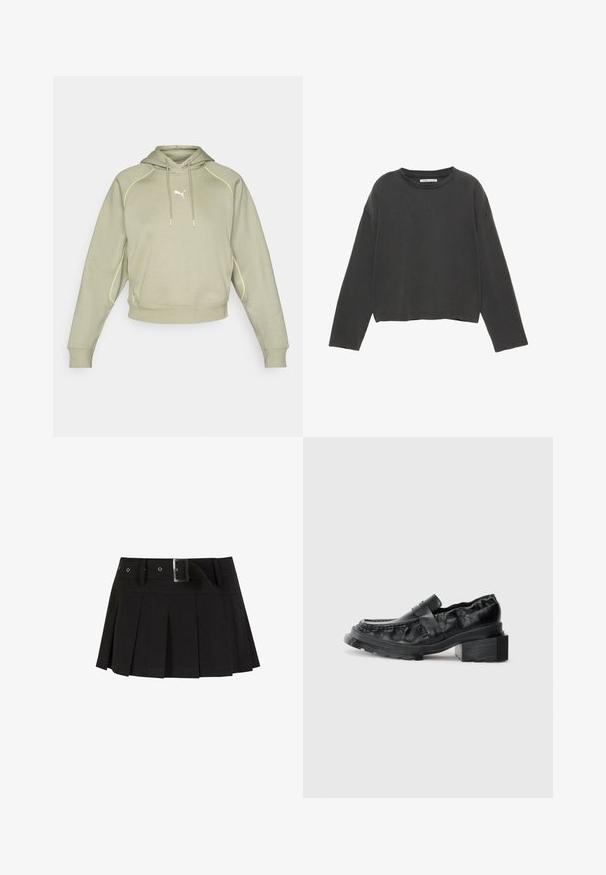 Světle zelená zkrácená mikina s kapucí, žluté švy, klokaní kapsa a malé bílé logo na hrudi. Měkká tkanina.; Černé zkrácené tričko s dlouhým rukávem vyrobené z měkké bavlny. Má kulatý výstřih a viditelné švy podél švů.; Černá plisovaná sukně s páskem. Vyrobena z hladkého materiálu, zdobená stříbrnou sponou a se strukturálním pasekem pro zvýraznění stylu.; Černé kožené mokasíny se strukturovanou podrážkou, s mírně zvýšeným blokovým podpatkem a texturovaným svrškem, upevněné předním páskem.