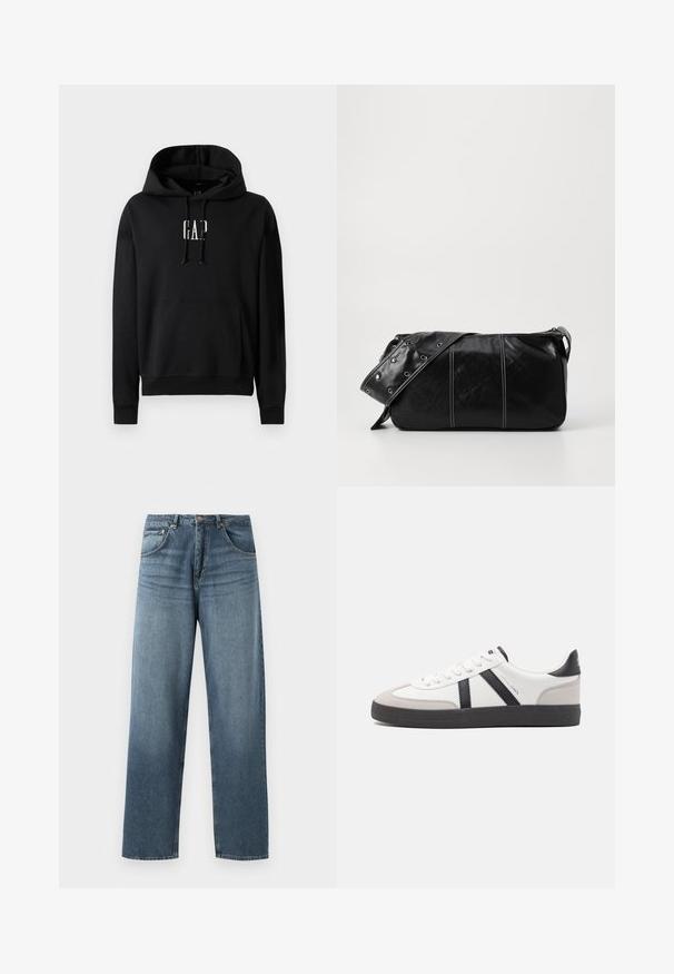 Sudadera con capucha negra hecha de material polar, con un bolsillo frontal, puños acanalados y un logo "GAP" blanco en el pecho.; Jeans de mezclilla azul de pierna recta con un lavado desgastado, que cuentan con un diseño de cinco bolsillos, botón de metal y presillas para cinturón. Tejido estructurado y de peso medio.; Zapatilla blanca con acentos en negro y gris, que presenta una puntera texturizada en gris, suela de goma negra y cordones planos blancos. Diseño limpio, estilo minimalista.; Bolso de hombro de cuero negro con cierre de cremallera, que presenta un cuerpo texturizado, costuras blancas y una correa con ojales plateados.
