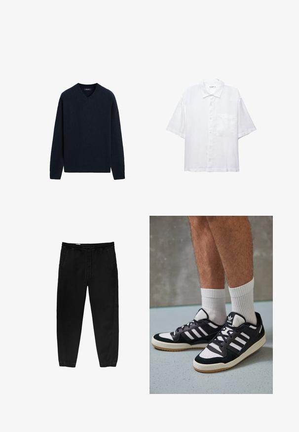 Marineblauwe ribgebreide trui met V-hals, lange mouwen en een ontspannen pasvorm. Zachte textuur met minimale details.; Witte korte mouwen shirt met een knoopsluiting aan de voorkant, kraag en een enkele borstzak. Gemaakt van lichte stof met een gladde textuur.; Zwarte elastische taillebandbroeken met een trekkoord, taps toelopende benen, zijzakken en subtiele stiksels aan de zijkanten. Zachte katoenachtige stof.; Zwart-witte sneakers met een bovenwerk van suede en leer, voorzien van drie witte strepen, een geperforeerde neus en een rubberen gumzool.