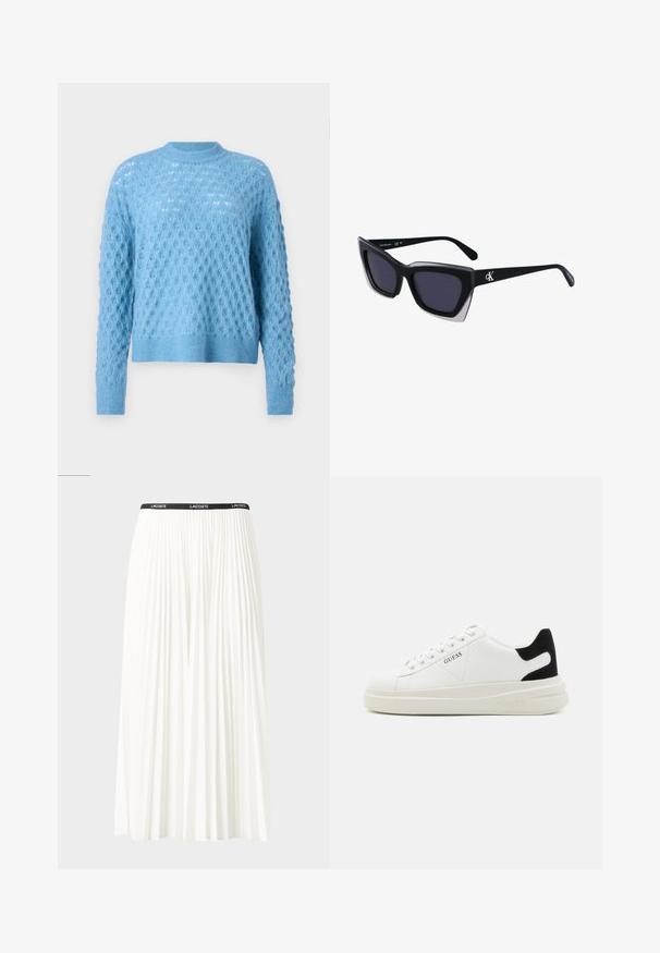 Svetlo modra pletena jopica z teksturiranim diamantnim vzorcem, okroglo izrezano ovratnik in dolge rokave. Rebrasti manšeti in rob dodajata detajl.; Gubasta bela krila z črnim elastičnim pasom, ki nosi logotip "LACOSTE". Srednje dolga zasnova z mehkobo tkanine.; Bele usnjene športne copate z debelim belim podplatom, črnimi semišnimi detajli na peti in utisnjenim logotipom na strani. Zavezovanje s šestimi luknjicami.; Črne prevelike sončne očala geometrijske oblike, z temnimi lečami in kontrastno sivo podrobnostjo na okvirju. Logo na ročaju.